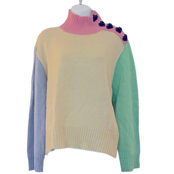 Olivia Rubin Lyla High Neck Pastel Colorblock Sweater Jewel Heart Snaps Size S - Picture 3 of 9